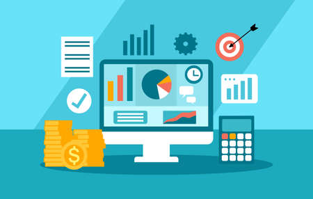 Return on investment ROI business marketing concept. Financial chart, data analysis vector illustration flat design. Financial report on company screen vector illustration.のイラスト素材