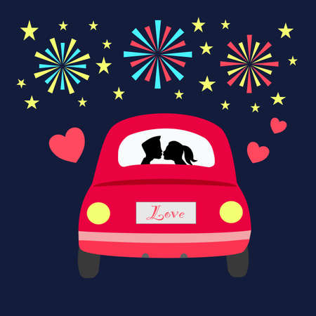 Loving couple kissing in car with fireworks in the sky vector illustration. Romantic lover Valentineâs Day.のイラスト素材