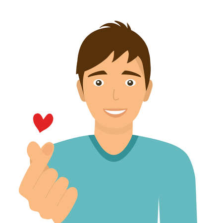 A man with message of love hand gesture. Hand fold into heart symbol. Korean symbol finger heart design vector illustration on white background.のイラスト素材