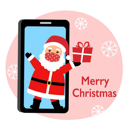 Santa Claus wearing medical face mask deliver gift via smartphone with snowflakes on background. Santa giving presents online. Merry Christmas concept vector illustration. Xmas holiday celebration.のイラスト素材