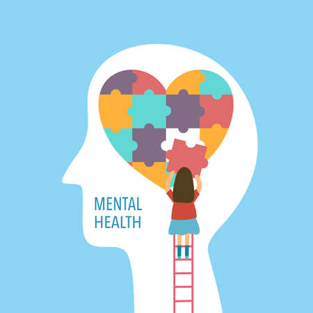 Mental health concept vector illustration. A girl making heart jigsaw in brain. World mental health day. Psychological therapy and treatment flat design.のイラスト素材