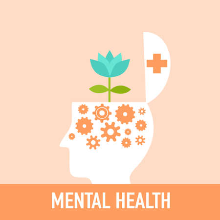 Silhouette of manâs head opened with gear inside and blue flower grownup. Mental health concept vector illustration. World mental health day. Psychological therapy and treatment.のイラスト素材