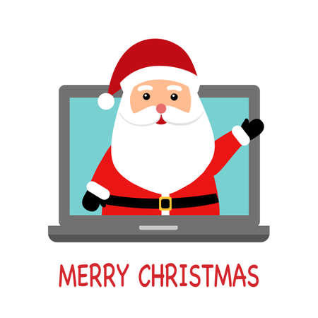 Santa Claus in computer screen on white background flat design. Merry Christmas online concept vector illustration. Xmas holiday celebration.のイラスト素材