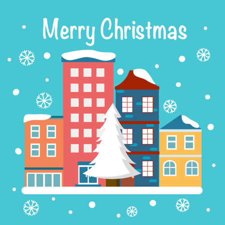 Merry Christmas concept vector illustration. Building, Christmas tree with snowflakes in winter. Design for banner, poster and greeting card.のイラスト素材