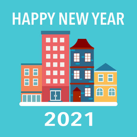 Happy New Year 2021 concept vector illustration. Colorful building in flat design. Design for banner, poster and greeting card.のイラスト素材