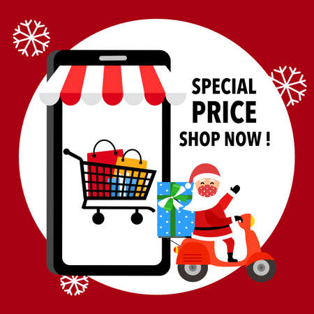 Santa Claus Riding scooter with smartphone in flat design. Shopping promotion banner for online store. Christmas holiday shopping advertisement.のイラスト素材