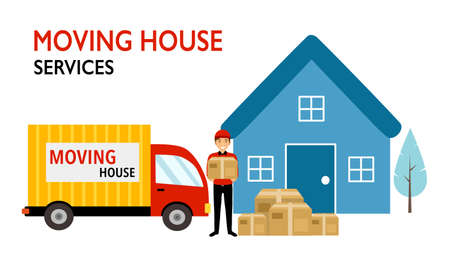 Moving house service concept vector illustration on white background. Delivery man standing with truck and holding cardboard box at customer house. Design for website, banner, poster.のイラスト素材