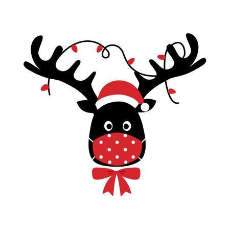 Reindeer wearing red medical face mask and Santa hat in flat design. Merry Christmas festival celebration in Covid-19 Coronavirus outbreak concept vector illustration.のイラスト素材