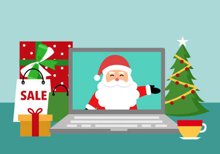 Santa Claus in computer screen on office desk with gifts and Christmas tree. Merry Christmas online concept vector illustration. Xmas holiday celebration.のイラスト素材
