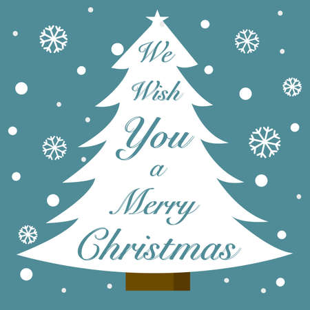 White Christmas tree with text we wish you a merry Christmas and snowflakes on background. Winter season celebration.のイラスト素材