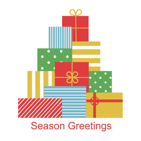 Colorful presents in Christmas tree shape in flat design on white background. Merry Christmas and happy new year. Season greetings. Gift boxes.のイラスト素材