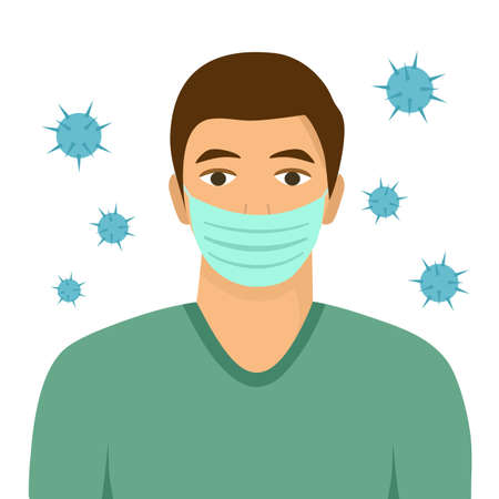 A man wearing medical mask for respiratory disease protection include bacteria, virus or dust particles. Flat design vector illustration on white background.のイラスト素材