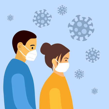 Man and woman wearing medical mask to prevent Covid-19 coronavirus disease pandemic outbreak. Healthcare concept vector illustration in flat design.のイラスト素材