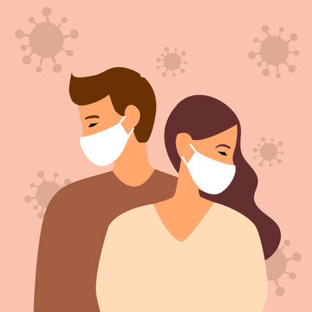 Man and woman wearing medical mask to prevent Covid-19 coronavirus disease pandemic outbreak. Healthcare concept vector illustration in flat design.のイラスト素材