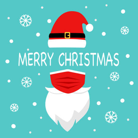 Santa Claus hat, red medical face mask and mustache with snowflakes on background in flat design. Merry Christmas 2020 festival celebration in Covid-19 Coronavirus outbreak concept vector.のイラスト素材