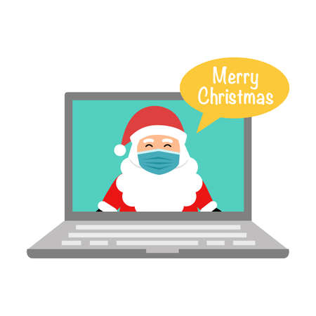 Santa Claus wearing medical face mask in laptop computer screen. Merry Christmas online in covid19 Coronavirus outbreak concept vector illustration. Xmas holiday celebration.のイラスト素材