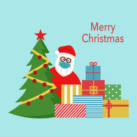 Santa Claus wearing medical mask with Christmas tree and gifts. Merry Christmas concept vector illustration in Covid19 coronavirus outbreak. Stay safe at home.のイラスト素材