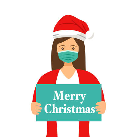 Young woman wearing medical face mask and Santa Claus hat in flat design. Merry Christmas 2020 festival celebration in Covid-19 Coronavirus outbreak concept vector illustration.のイラスト素材