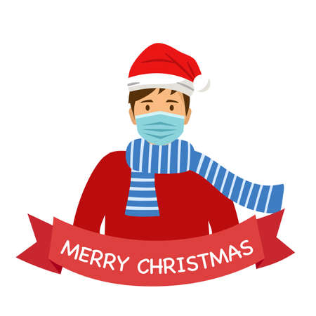 Young man wearing medical face mask and Santa Claus hat in flat design. Merry Christmas 2020 festival celebration in Covid-19 Coronavirus outbreak concept vector illustration.のイラスト素材