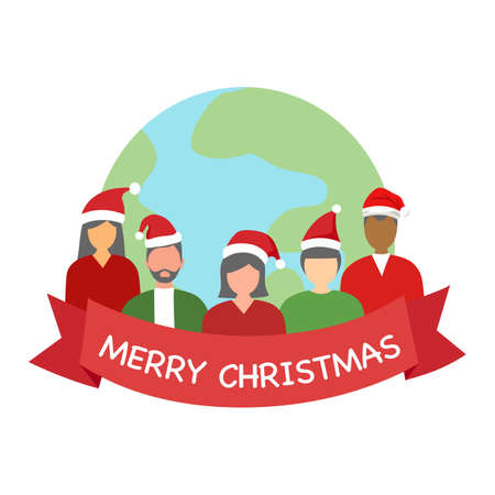Man and woman wearing Santa Claus hat with earth planet on background. Merry Christmas celebration. Season greetings.のイラスト素材