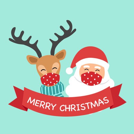 Reindeer and Santa Claus wearing red medical face mask in flat design. Merry Christmas festival celebration in Covid-19 Coronavirus outbreak concept vector. Season greetings.のイラスト素材