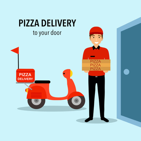 Pizza delivery man holding pizza cardboard boxes in front of his scooter. Pizza boy deliver pizza at customer house concept vector illustration. Fast food delivery service in flat design.のイラスト素材