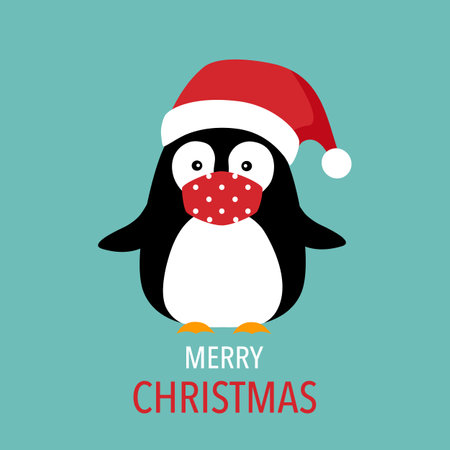 Penguin wearing red medical face mask and in flat design. Merry Christmas festival celebration in Covid-19 Coronavirus outbreak concept vector. Season greetings.のイラスト素材