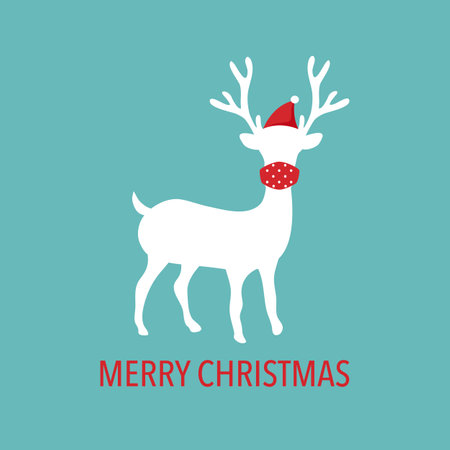 White reindeer wearing medical face mask and Santa Claus hat in flat design. Merry Christmas concept vector in covid19 Coronavirus epidemic outbreak. Season greetings.のイラスト素材