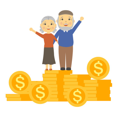 Happy elderly couple standing on stack of coins. Retirement saving and financial success in old age. Successful rich pensioners with gold coins. Wealth pension plan vector illustration.のイラスト素材