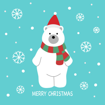 Cute bear wearing Santa Claus hat and scarf with snowflakes on background. Merry Christmas concept vector illustration.のイラスト素材