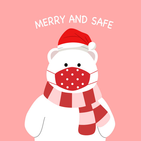 White bear wearing medical face mask and Santa Claus hat in flat design. Merry and safe. Merry Christmas in covid19 Coronavirus outbreak.のイラスト素材