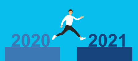 Man jumping from year 2020 to year 2021 in flat design. Happy New Year concept.のイラスト素材