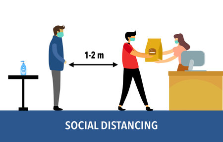 Social distancing concept vector illustration on white background. Covid-19 Coronavirus prevention and keep a safe distance from others at shopping store or supermarket.のイラスト素材