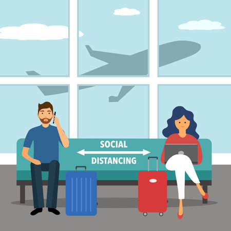 Man and woman are waiting for their flight and keep social distancing at the airport. They sitting away to prevent Covid19 coronavirus spreading and flu disease. Social isolation self quarantine.のイラスト素材