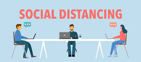 Social distancing concept vector illustration. Man and woman are Working and sitting away to prevent Covid-19 Coronavirus disease. Idea for Coronavirus outbreak, prevention and awareness.のイラスト素材