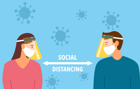 Social distancing concept vector illustration. Man and woman wearing medical masks and face shield and keeping away to prevent Covid-19 Coronavirus disease. Idea for Coronavirus prevention.のイラスト素材