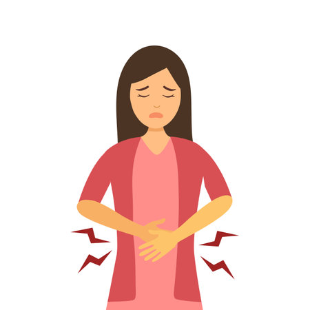 Woman feel pain in stomach concept vector illustration on white background. Diarrhea or constipation. Abdomen disease and illness. Period pain in flat design.のイラスト素材
