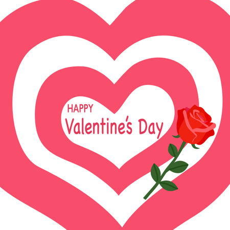 Layer of pink heart with text happy Valentineâs Day and red rose. Design for greeting card, poster, banner.のイラスト素材