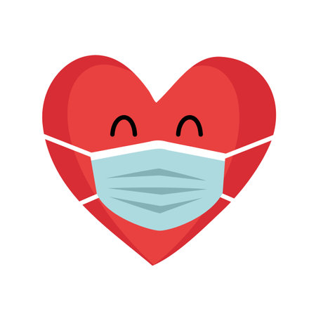 Red heart cartoon wearing protective mask. Love in covid19 Coronavirus quarantine pandemic times. Design for Valentineâs Day greeting card, poster, banner.のイラスト素材