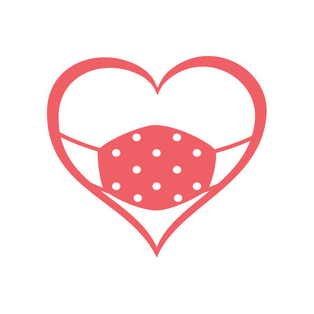 Pink heart with medical face mask. Love quarantine pandemic times. Design for Valentineâs Day greeting card, poster, banner.のイラスト素材
