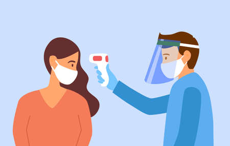 Man wearing face mask and face shield measuring the temperature of a woman with medical digital infrared thermometer in side view. epidemic outbreak. thermo scan checkpoint.のイラスト素材