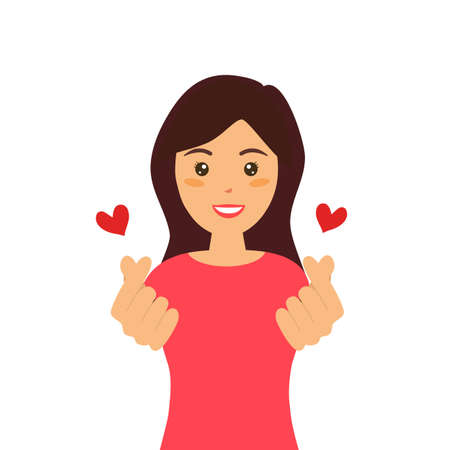 Pretty woman show a message of love hand gesture for both hands. Hand fold into heart symbol. Korean symbol finger heart design vector illustration on white background.のイラスト素材