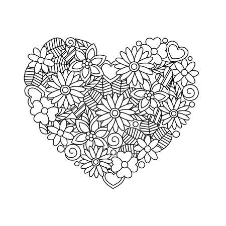 Doodle floral and leaves in heart shape background.  pattern design for coloring book page.のイラスト素材
