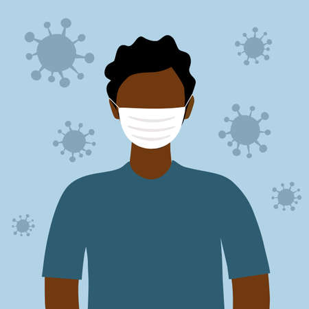 African man wearing medical mask for respiratory disease protection include bacteria, virus or dust particles. Flat design vector illustration.のイラスト素材