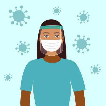 A young black woman wearing face mask and a plastic medical face shield. Close up shot female face wearing   protective mask. Healthcare equipment concept.のイラスト素材