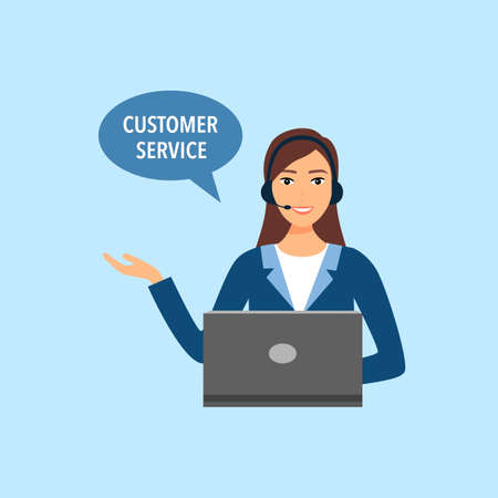 Customer service, call center, customer support concept vector illustration on blue background. Woman staff working with computer.のイラスト素材