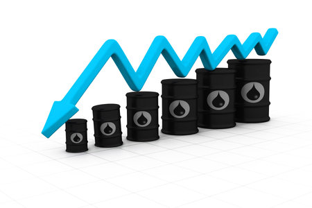 Oil barrels with arrow down. Oil price fall 	