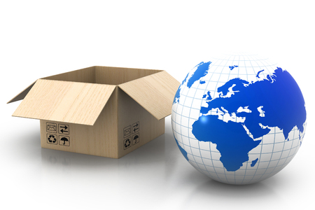 Opened  cardboard box with earth globe の写真素材