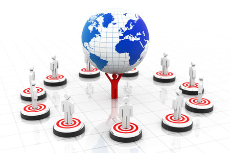 3d business people on target around the world, leader holdings globe	の写真素材