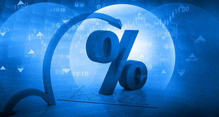 Moving arrow with percentage symbol  on abstract blue background 	の写真素材